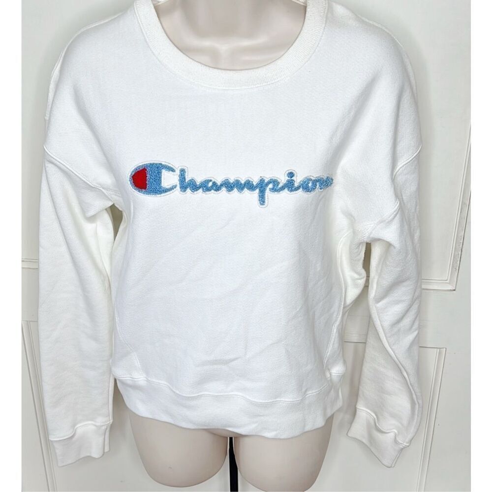 Champion Reverse Weave Chenille Logo Sweatshirt White Size Small